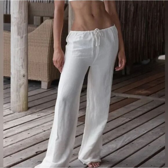 MONDAY Swimwear Belize Wide Leg Linen Blend Pants in White - Picture 2 of 4